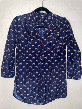 Women’s Small Dog Print Navy blue dress shirt. fun 2 fun